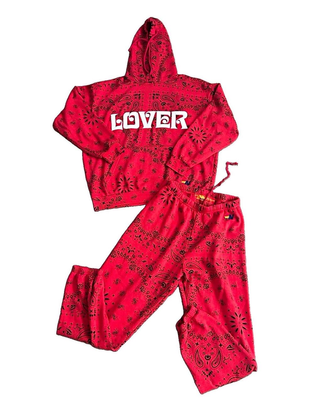 Aviator Nation Red Paisley Bandana LOVER Hoodie & Jogger Pants Sweatsuit Set M/L